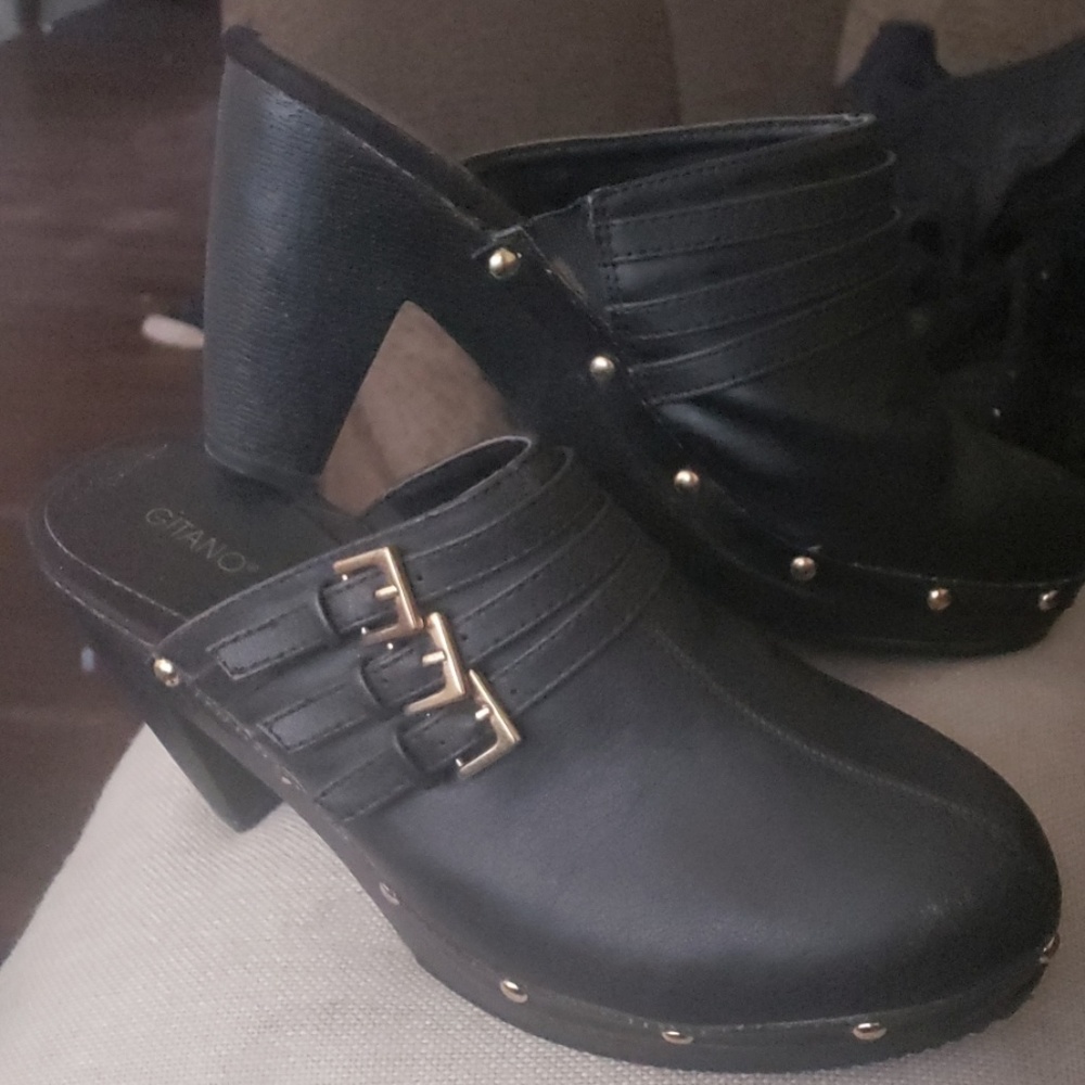 Black leather clogs